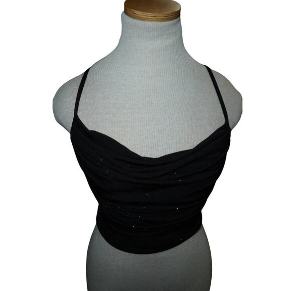Vintage Bluetblu Y2K Ruched Glitter Cowl Neck Tank Black Spaghetti Strap  Small - Picture 3 of 11
